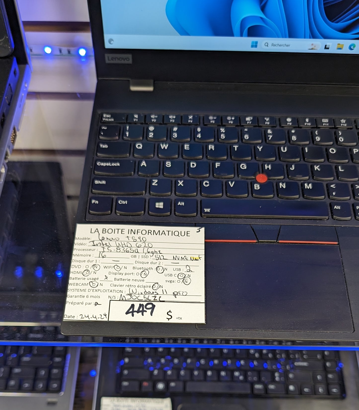 Laptop Lenovo ThinkPad T590 i5-8365u 1,6ghz 16Go SSD Neuf 512Go NVMe 15,6po HDMI garantie 6 mois + tx