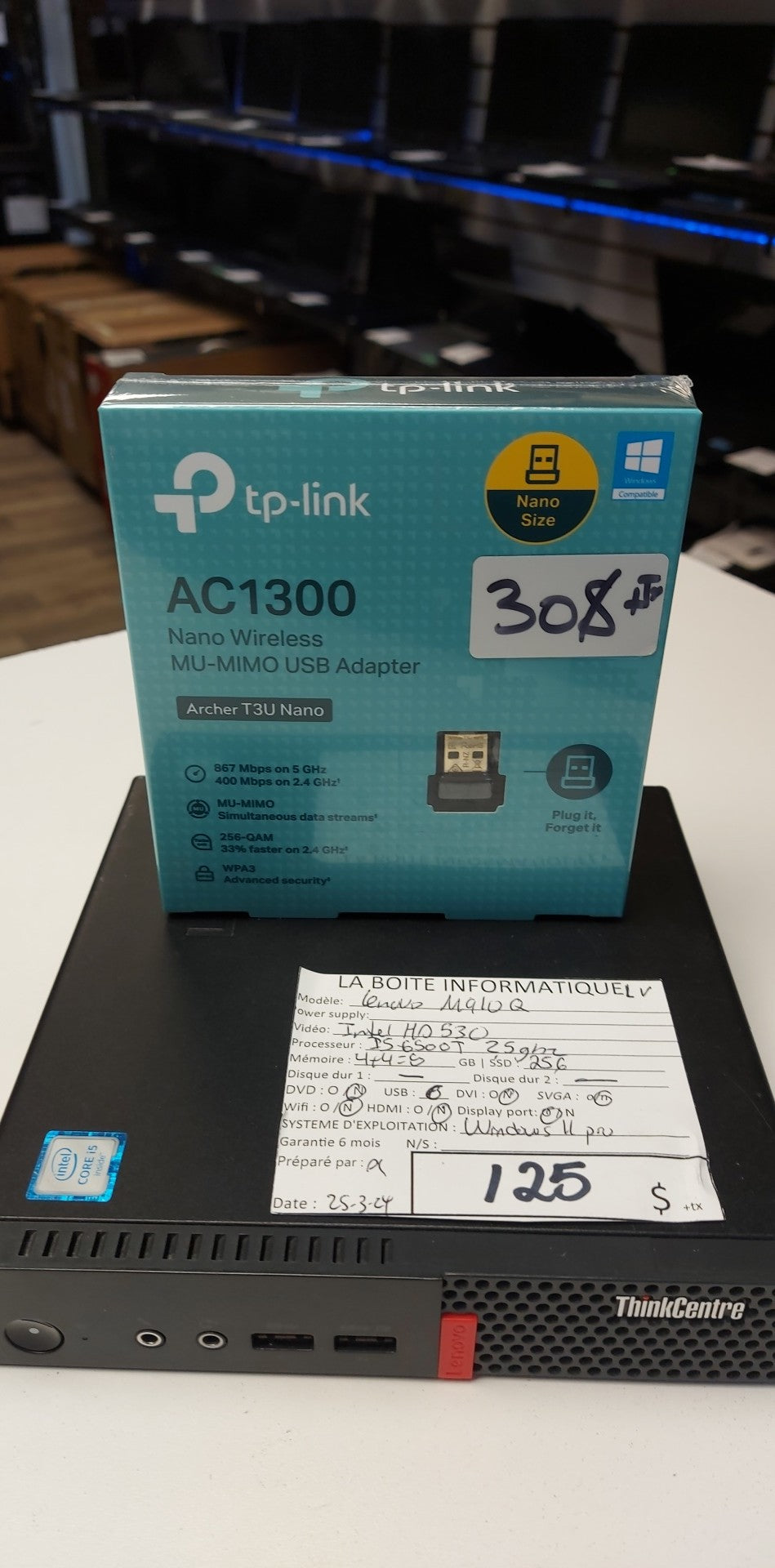 Tiny Desktop Lenovo M910Q i5-6500T 8Go SSD 256Go HD 530 Win11 (WiFi en option)