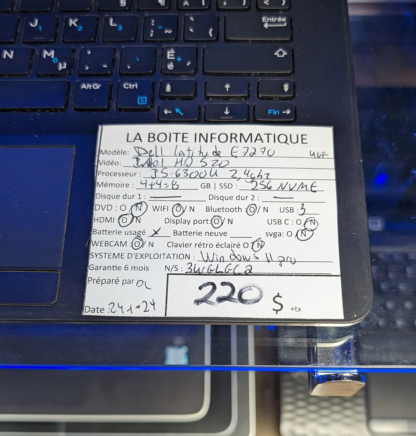 Laptop Dell Latitude E7270 i5-6300U 2,4GHz 8G0 256Go NVMe HDMI garantie 6 mois + tx