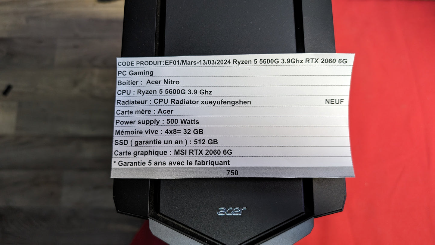 PC GAMING Acer Nitro RYZEN 5 5600G 3,9GHz SSD NEUF 512GB 32GB RAM MSI RTX 2060 6GB
