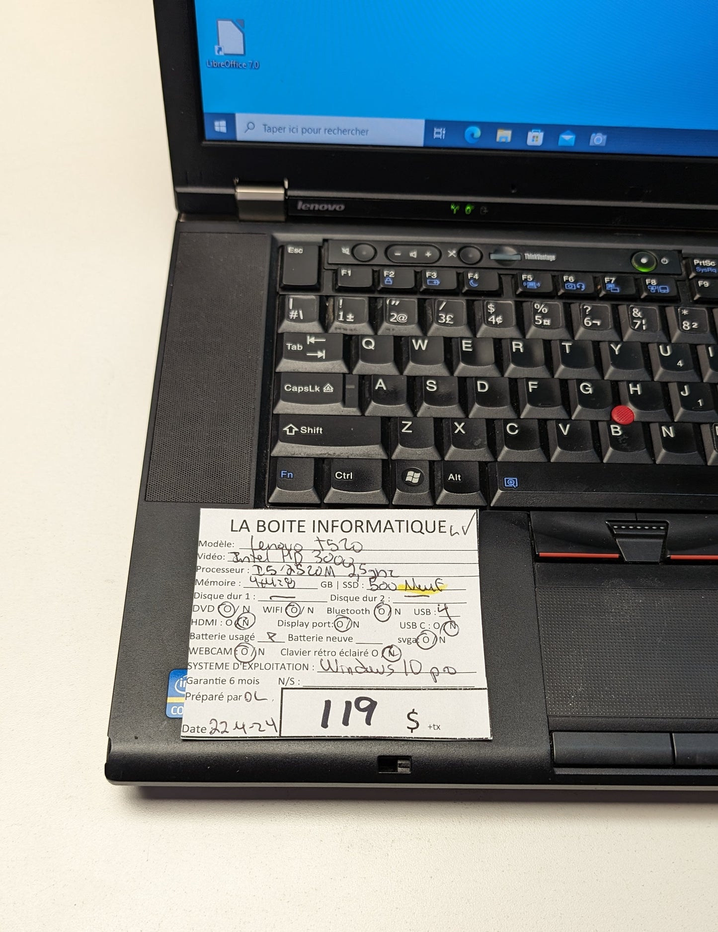 Laptop Lenovo ThinkPad T520 SSD Neuf 500Go i5-2520M 2,5GHz 8Go 15,6po DVD Win10 garantie 6 mois + tx